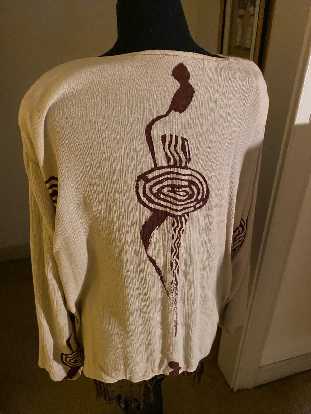 Tan Brown Fringe Abstract Motif Jacket